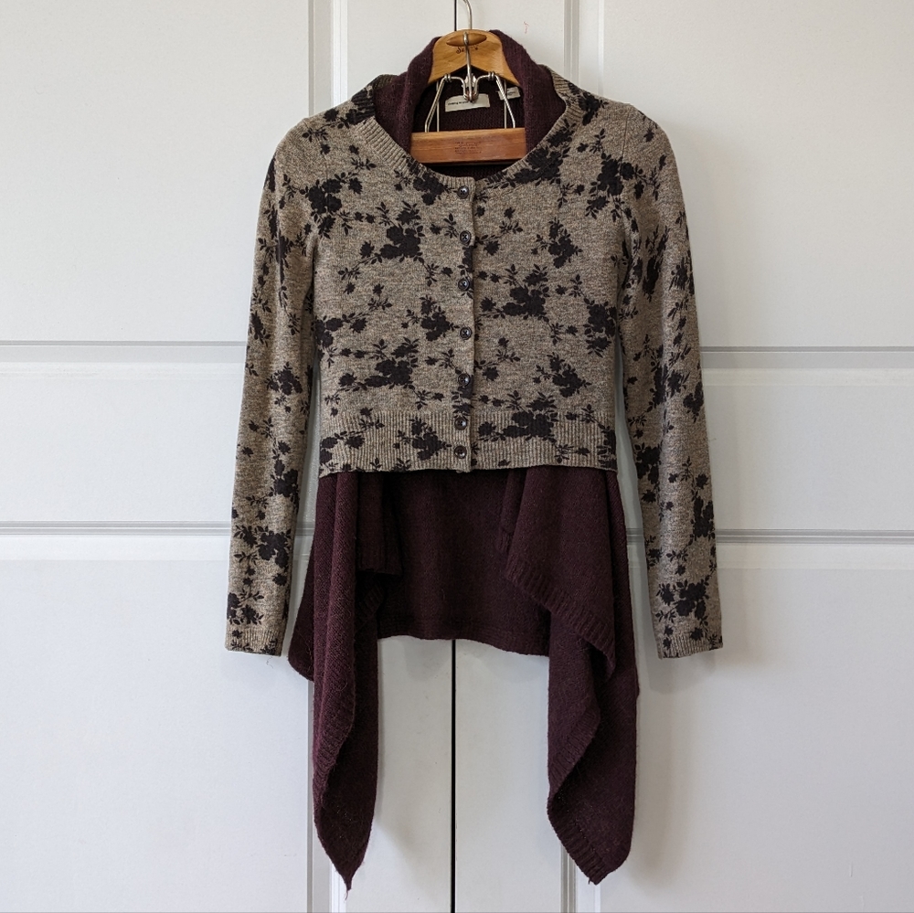 Sleeping On Snow Cardigan Women's Small Gray Floral Cozy Times Two Wool Blend 